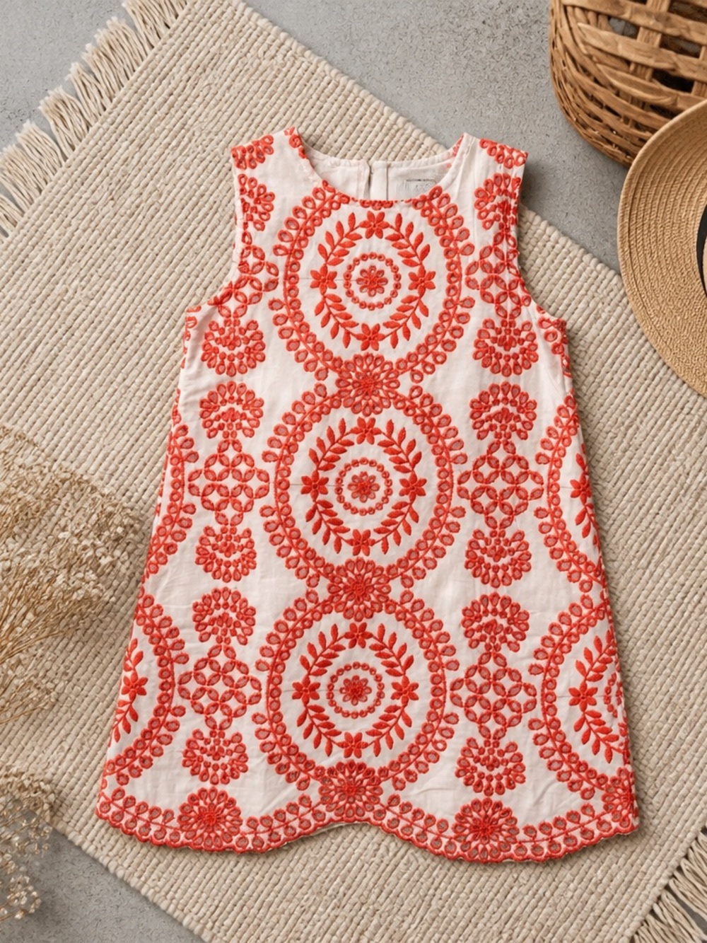 NWT Doe A Dear Toddler Girls Red Orange Poppy Embroidered Sleeveless Dress - 3T